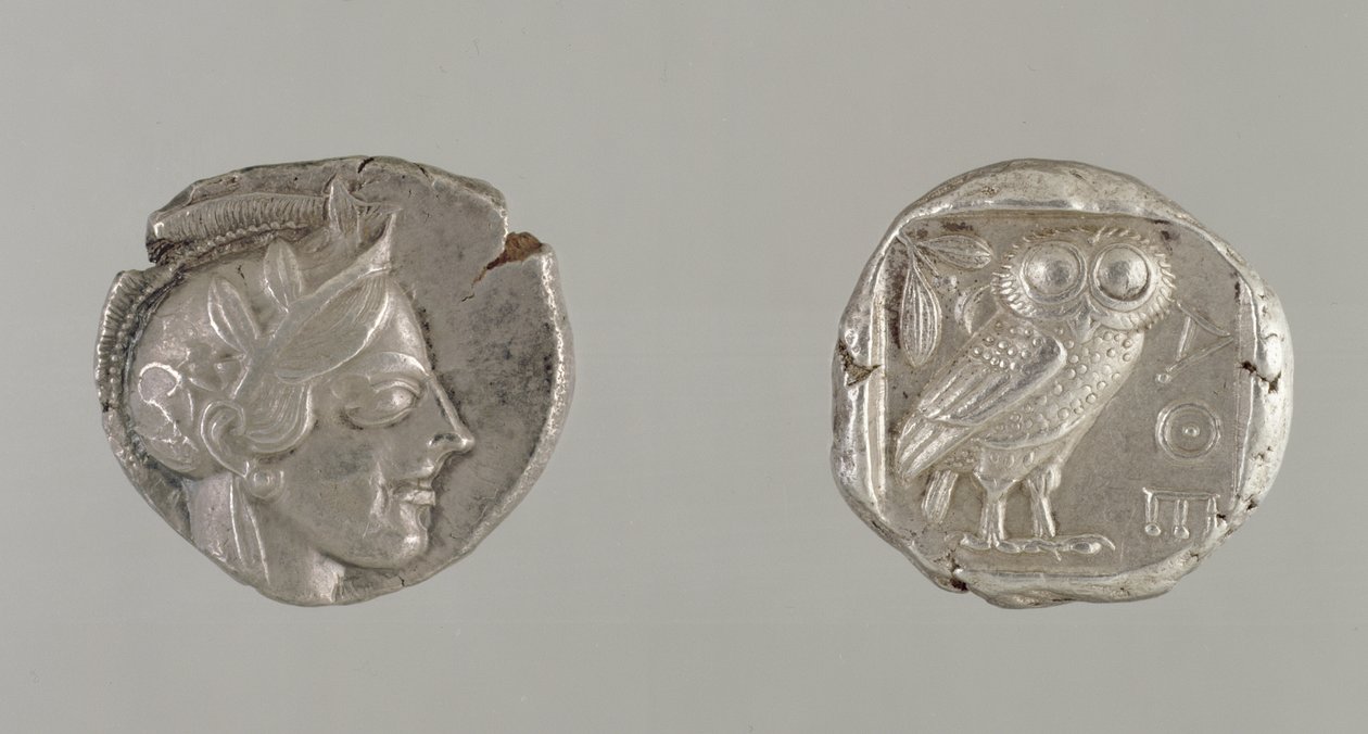 Obě strany drachmy s hlavou Athény a sovy, z Athén, cca 450-440 př.nl (stříbrná) od Greek