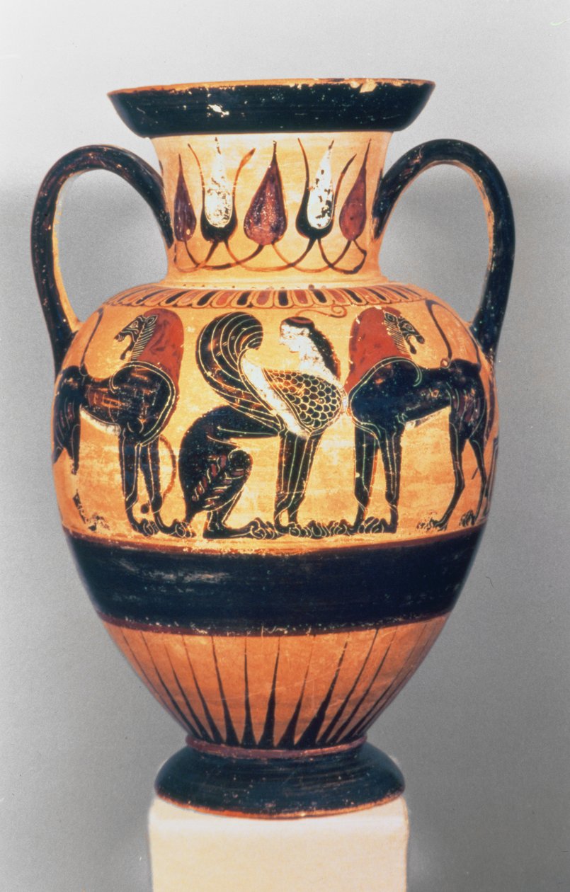 Chalkidská černá figurální amfora znázorňující sfingu lemovanou dvěma lvy, od Polyphemus Painter, 540-30 př.nl (keramika) od Greek