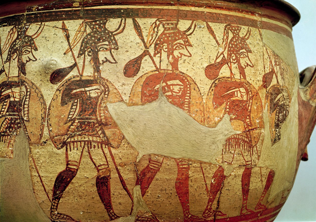 Detail červeného figurálního krateru znázorňujícího válečníky, Rhodos, keramika ze 13.–12. století před naším letopočtem od Greek