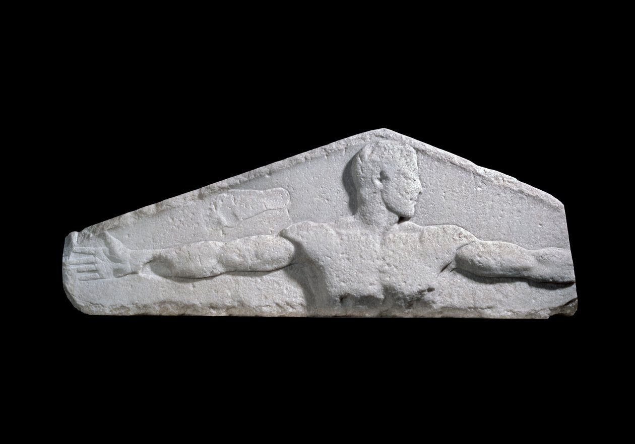 Metrologický reliéf udávající standardní délku sáhu (natažené paže mladíka) a nohy, 460-450 př. n. l. (mramor) od Greek