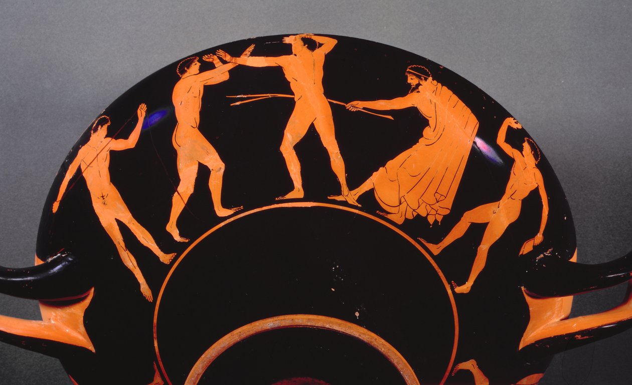 Červenofigurový kylix zobrazující trénink sportovců, cca 500 př. n. l. (červenofigurová keramika) (viz také 103374) od Greek