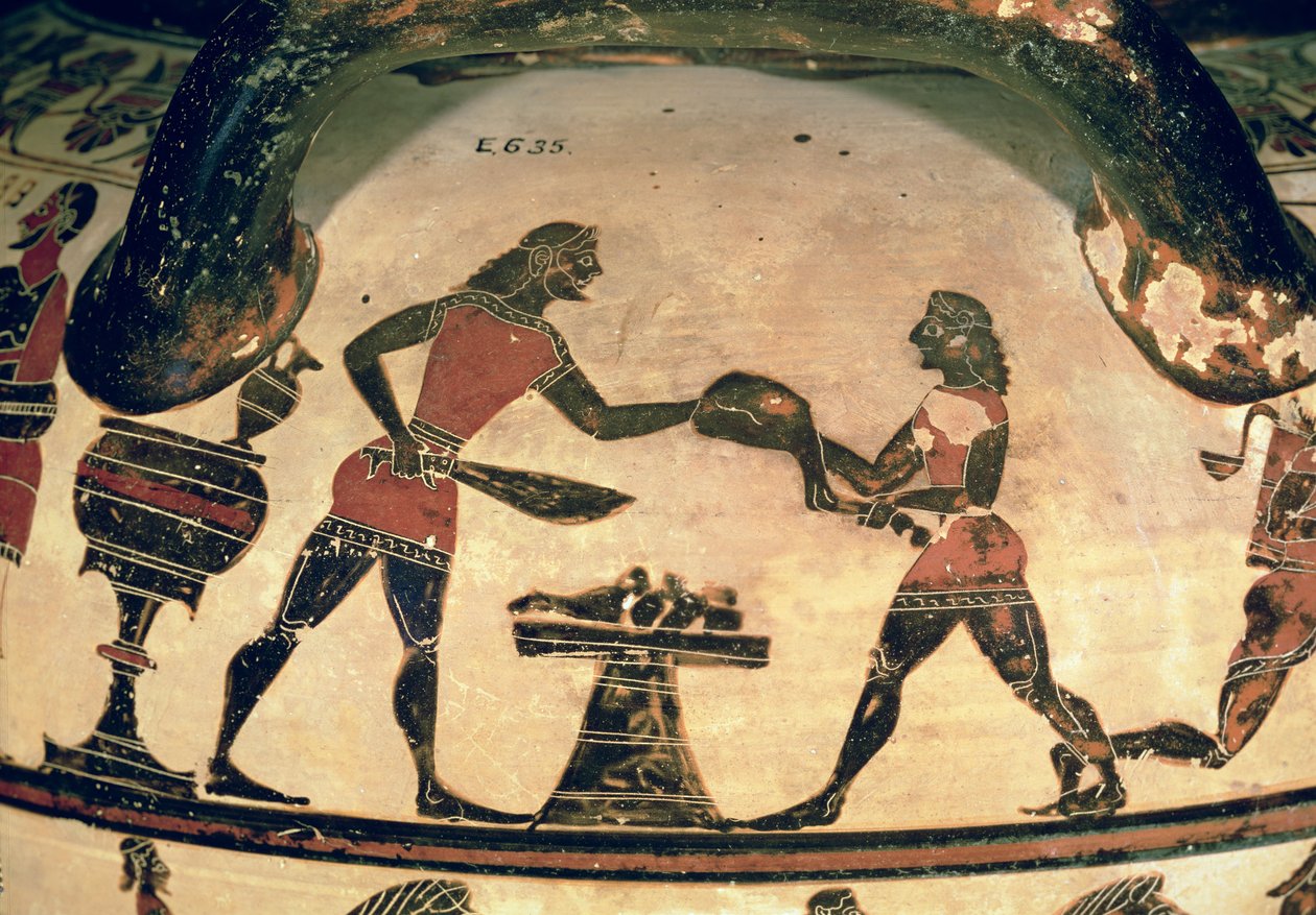 Sluhové připravující jídlo na sympozium, detail z raného korintského černofigurového sloupového kráteru, z Cerveteri, cca 600 př. n. l. (keramika) (viz také 92578) od Greek
