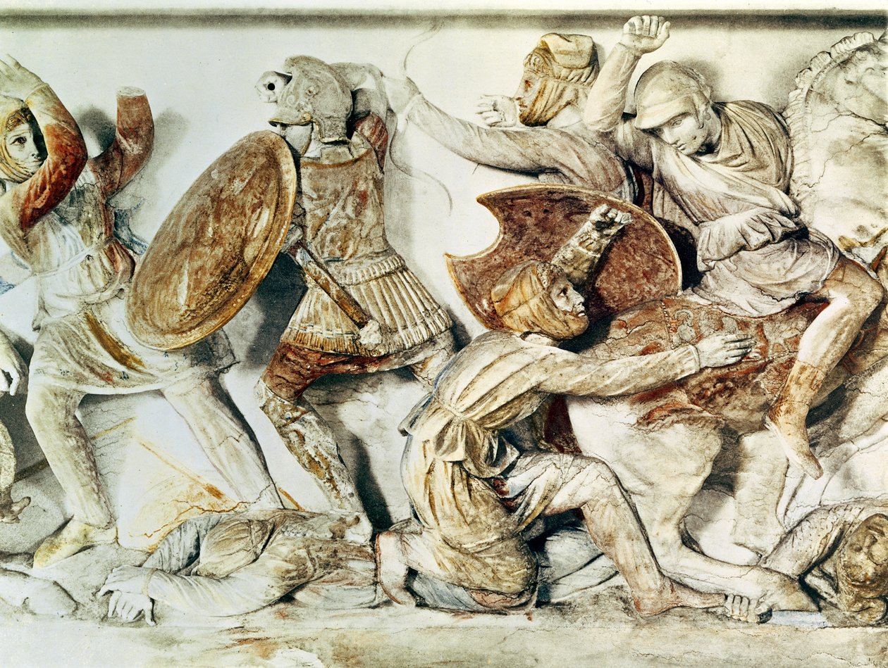 Alexandrův sarkofág s bitevní scénou, asi 325-300 př. n. l. (nástěnná malba) od Greek