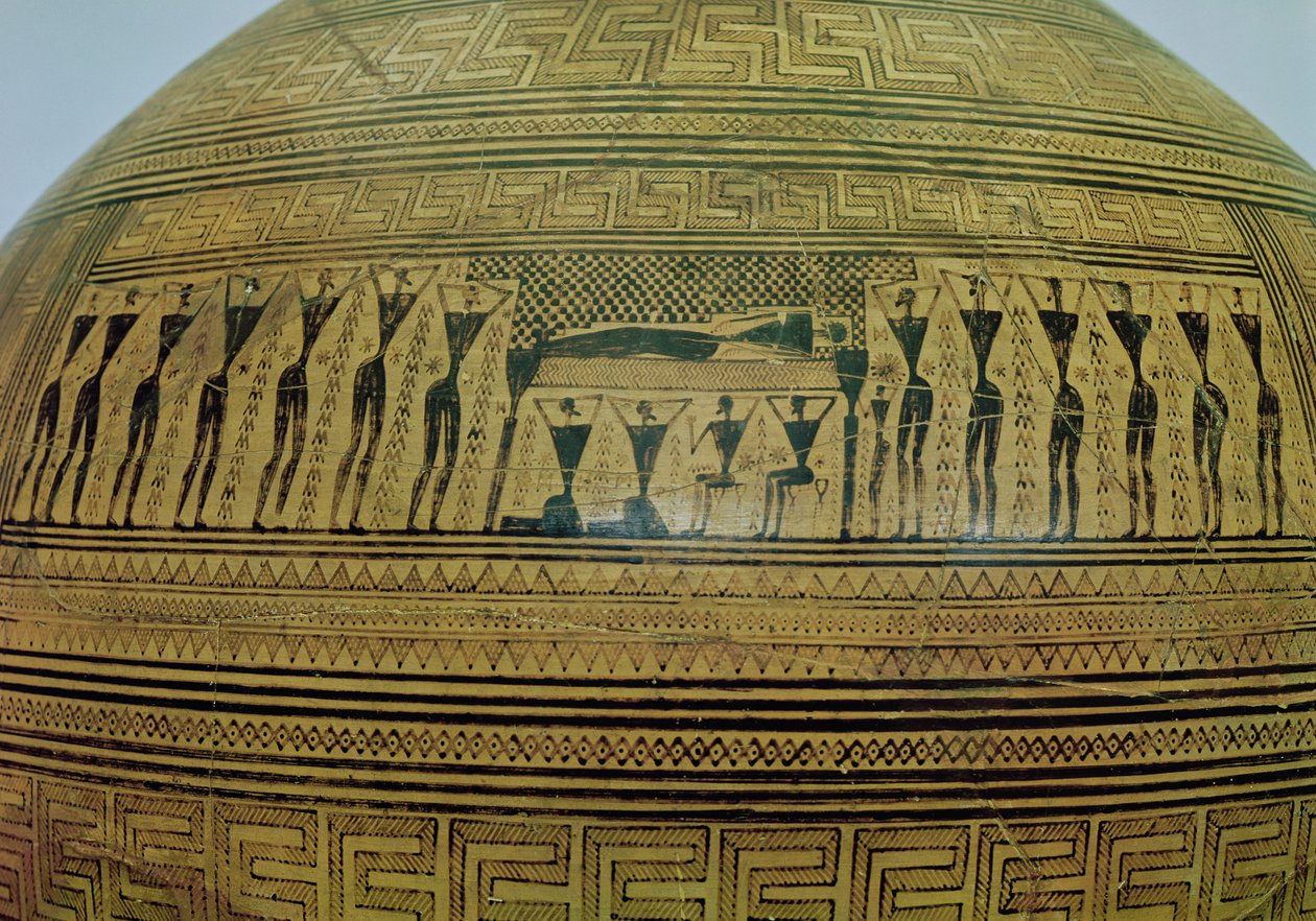 Dipylonská amfora, pohřební urna v geometrickém stylu z nekropole Kerameikos, detail pohřební scény, Atény, cca 750 př. n. l. terakota viz 88063 od Greek