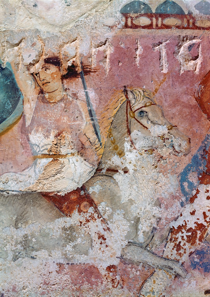 Sarkofág Amazonek, detail jezdce, z Tarquinia tempera na alabastru od Greek