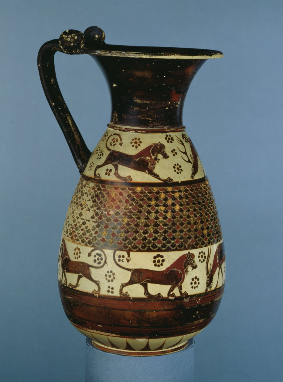 Přechodná protokorintsko-korintská olpe zdobená zvířecím vlysem, z Camirus, Rhodos, cca 640-625 př. n. l. (keramika) od Greek