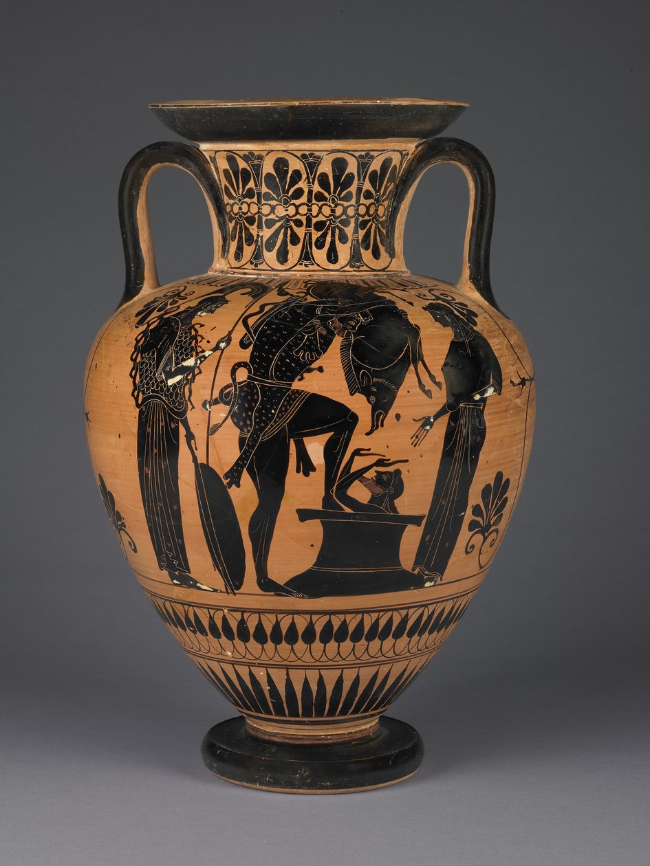 Athénská černofigurová amfora s Héraklem nesoucím erymantského kance, asi 510 př. n. l. (terakota) od Greek