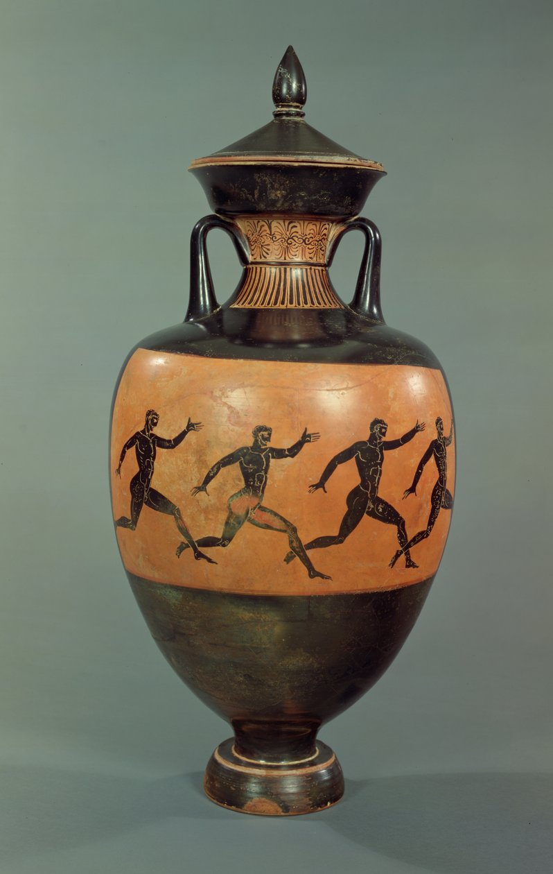 Půdní černofigurová panathénajská amfora zdobená běžícími muži, 375-370 př. n. l. (keramika) od Greek