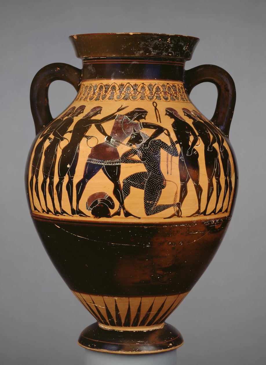 Půdní černofigurová amfora zobrazující Thesea a Minotaura pozorovaného šesti mladíky (keramika) od Greek