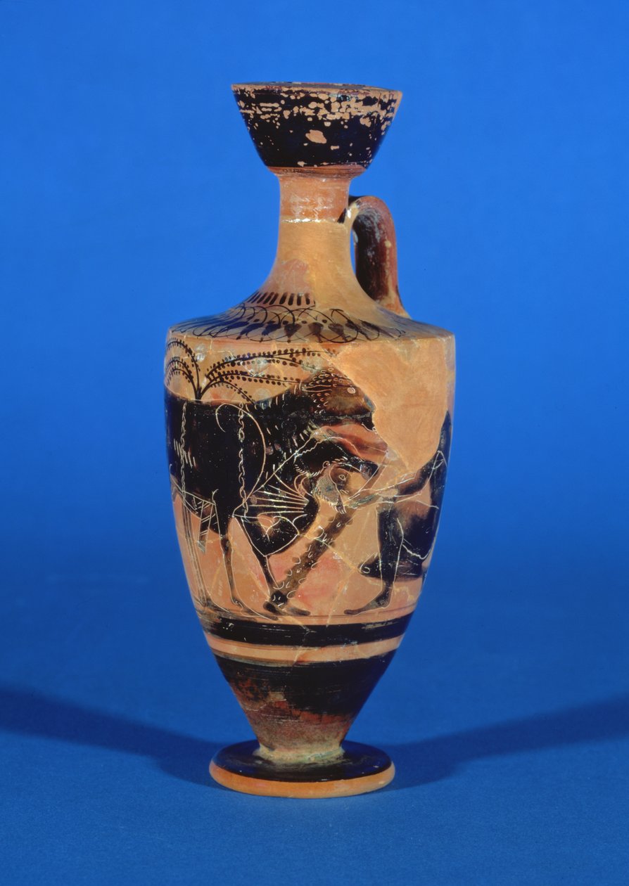 Podkrovní černofigurový lekythos zobrazující Odyssea prchajícího z Kyklopa, c. 530 před naším letopočtem od Greek