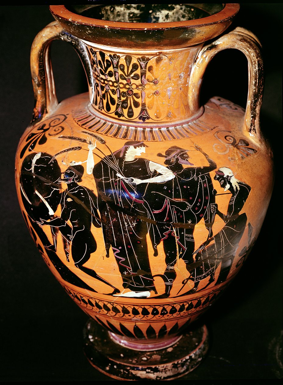 Attická černofigurová váza s vyobrazením Synthos, Démétér, Herma a lodníka, asi 535-540 př. n. l. (keramika) od Greek