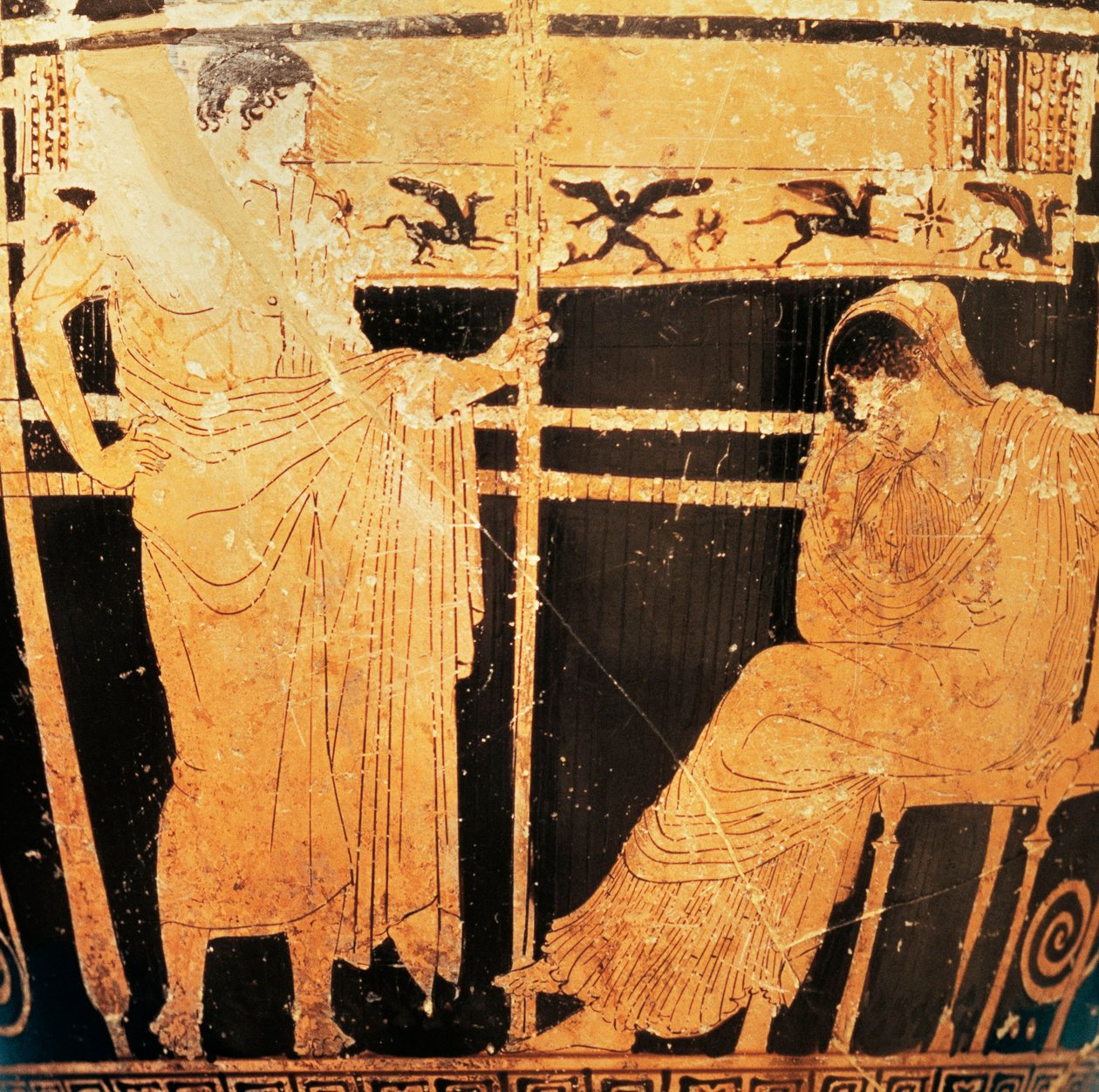Podkrovní skyphos od malíře Thelemacus zobrazující Penelope a Telemachus (červená keramika) od Greek