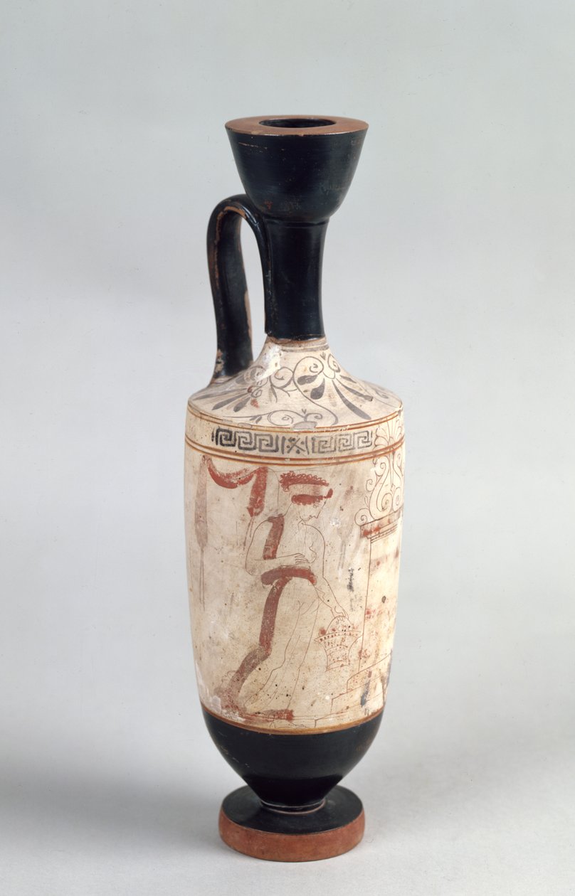 Podkrovní bílý půdní lekythos zobrazující mladou dívku přinášející pohřební oběť, kolem 420 př. n. l. (keramika) od Greek