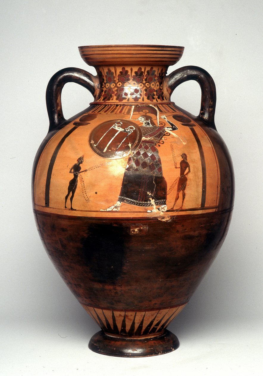 Černá figurální váza zobrazující Athénu ohánějící se štítem a kopím, 550 př. n. l. (keramická) od Greek