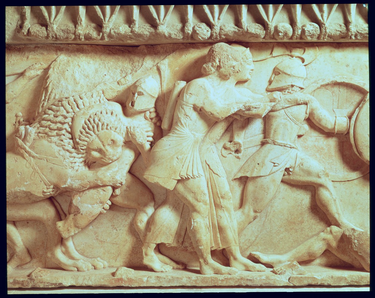 Detail severního vlysu Siphnianské pokladnice zobrazující bohy bojující s obry, mramor kolem roku 525 př. n. l. od Greek