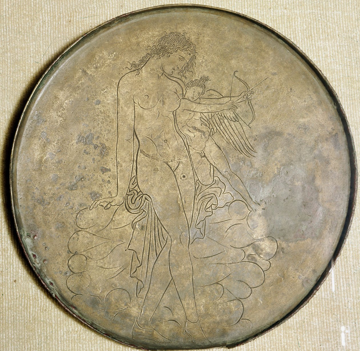 Řecké umění: "" Afrodita a Eros "" Bronzové zrcadlo. 350 př. n. l., muzeum Louvre od Greek