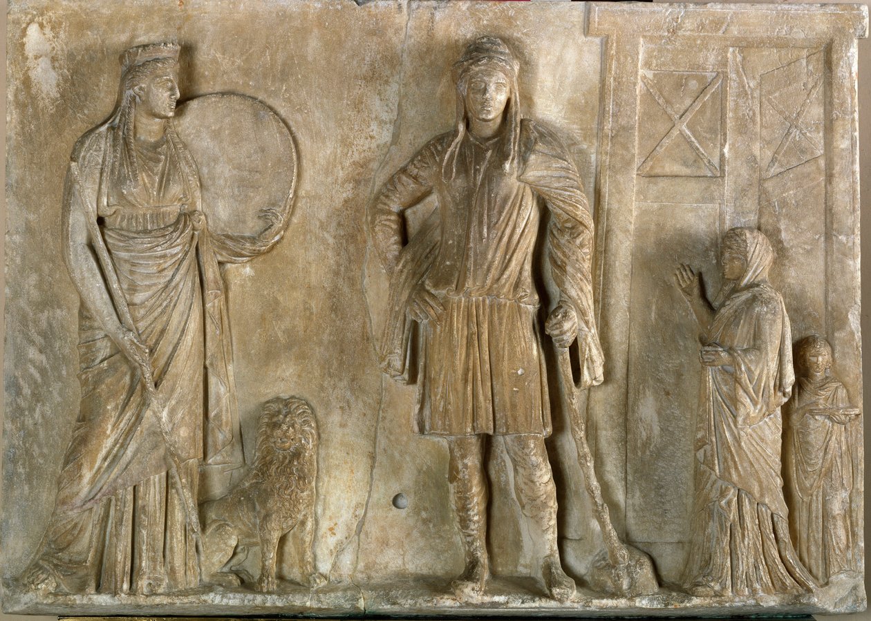 Řecké umění: „“ Frygické božstvo Cybele a Attis, jeho syn a milenec““ Mramorový reliéf z 2. století před naším letopočtem. Museo Archeologico, Benátky od Greek