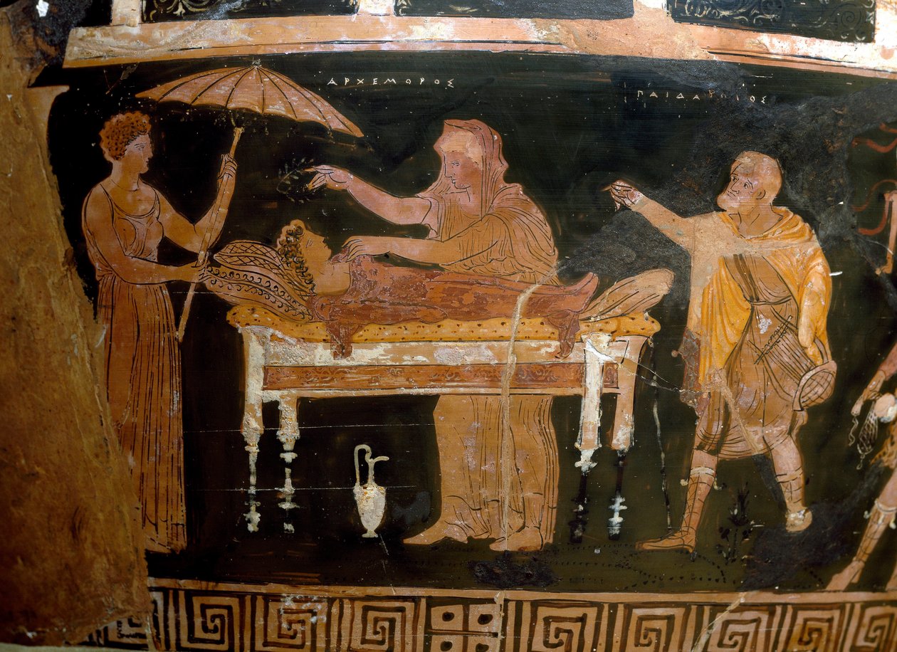Řecké umění: Váza z Arhemore: Pohřeb Arhemore (Opheltes) Obraz od malíře Dariuse. Od Ruvo. 4. století před naším letopočtem. Národní archeologické muzeum, Neapol od Greek