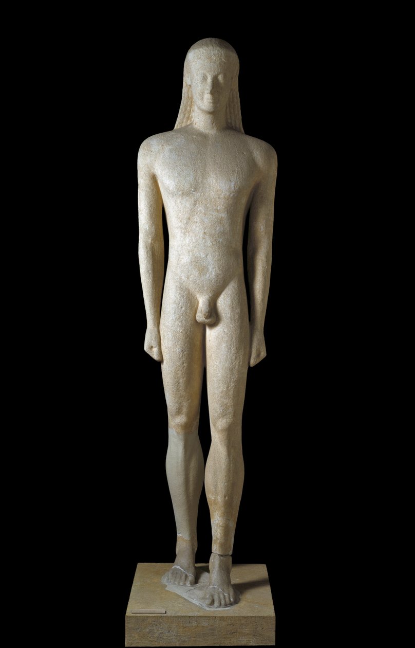 Řecké umění: socha Kourose, socha mladého muže z archaického období (650-500 př. n. l.), 530-520 př. n. l., From Melos, Dim. 1,94 m - Athény, Národní archeologické muzeum - Kouros - Archaické řecké sochařství (650-500 př. n. l.), z Melosu, 530-520 př. n. l od Greek