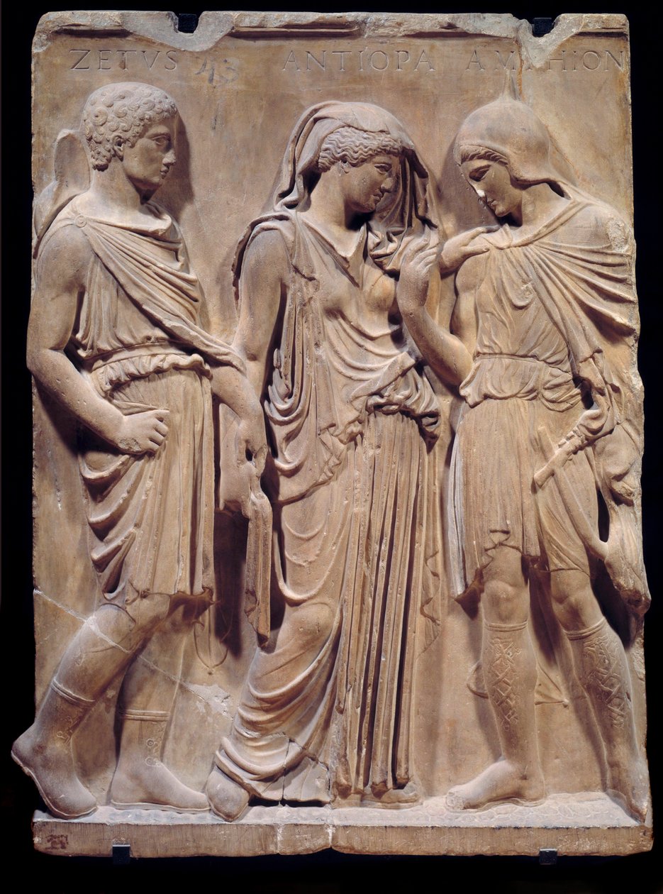 Řecký starověk: rozloučení Orphee s Eurydikou, které je Hermes připraven přivést zpět do pekla. Nápis se jmény Zethus, Antiope a Amphion pochází z renesance. Nízký mramorový reliéf. 480-323 před naším letopočtem. Ne 1,2 m Paříž, Musee du Louv od Greek