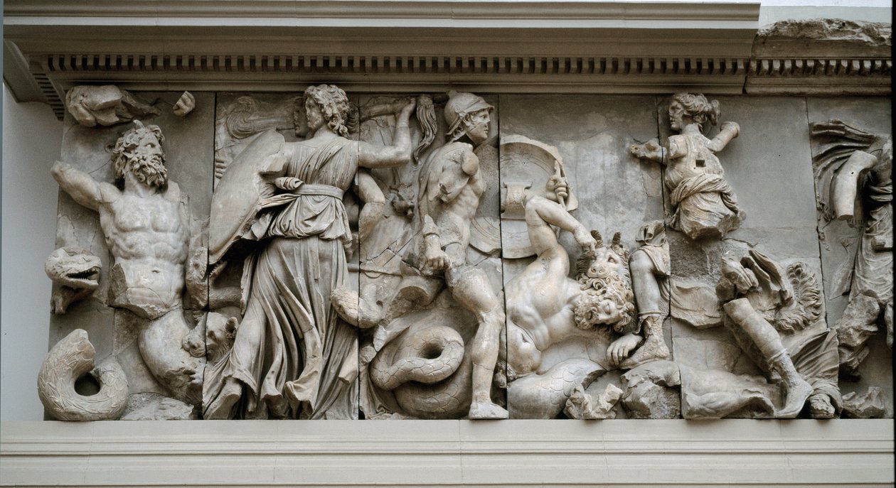 Řecké umění: reprezentace Hecate a Artemis. Vlys oltáře Dia a Pergamon, nízký reliéf Eumena II od Greek