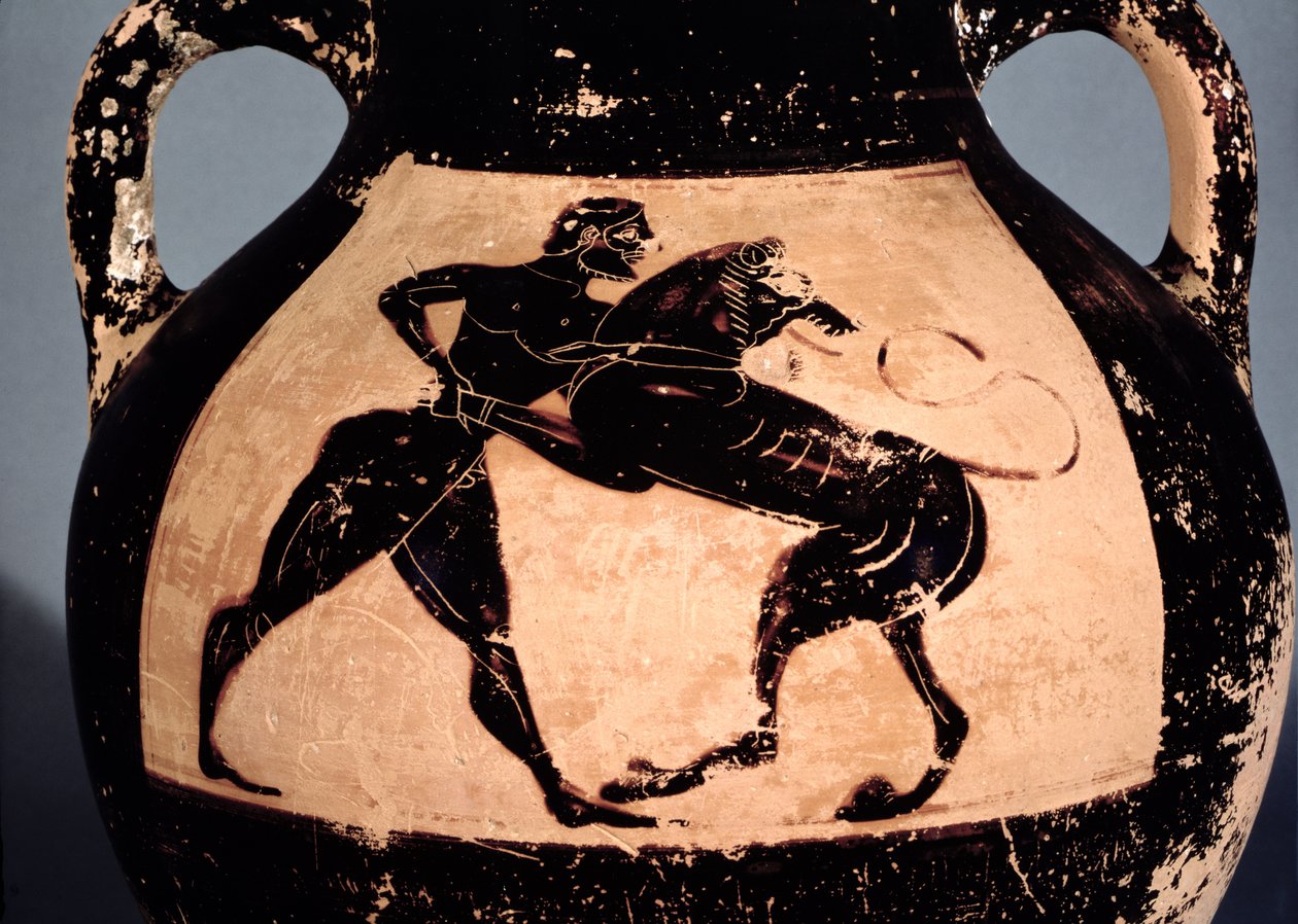 Herakles zápasící s nemejským lvem, detail z atické amfory s černou postavou (keramika) od Greek