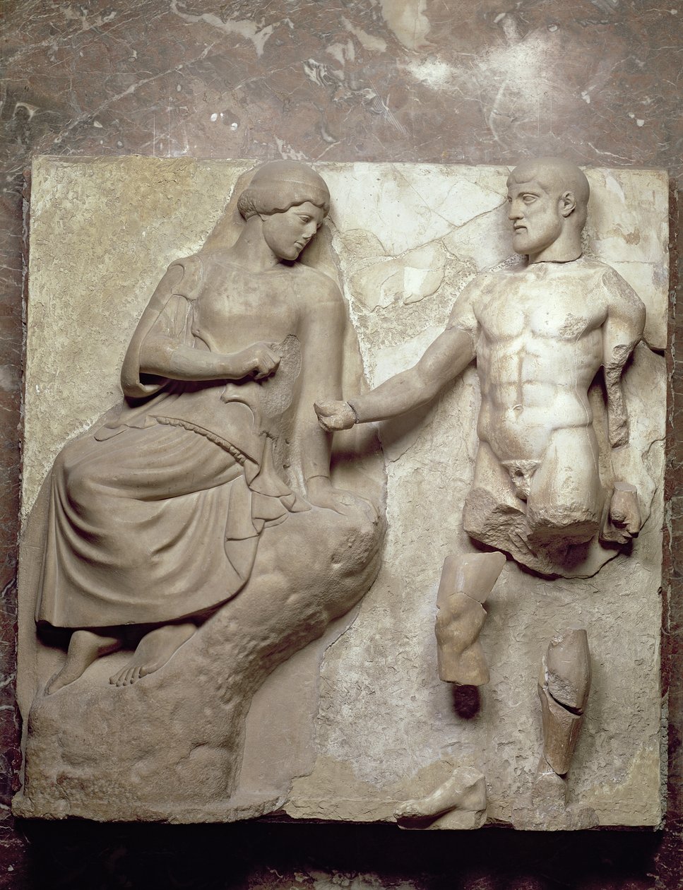 Herkules a Minerva, jedna ze série metop zobrazujících Herkulovy práce z Diova chrámu v Olympii, raně klasické období, asi 470-457 př. n. l. (parijský mramor) od Greek