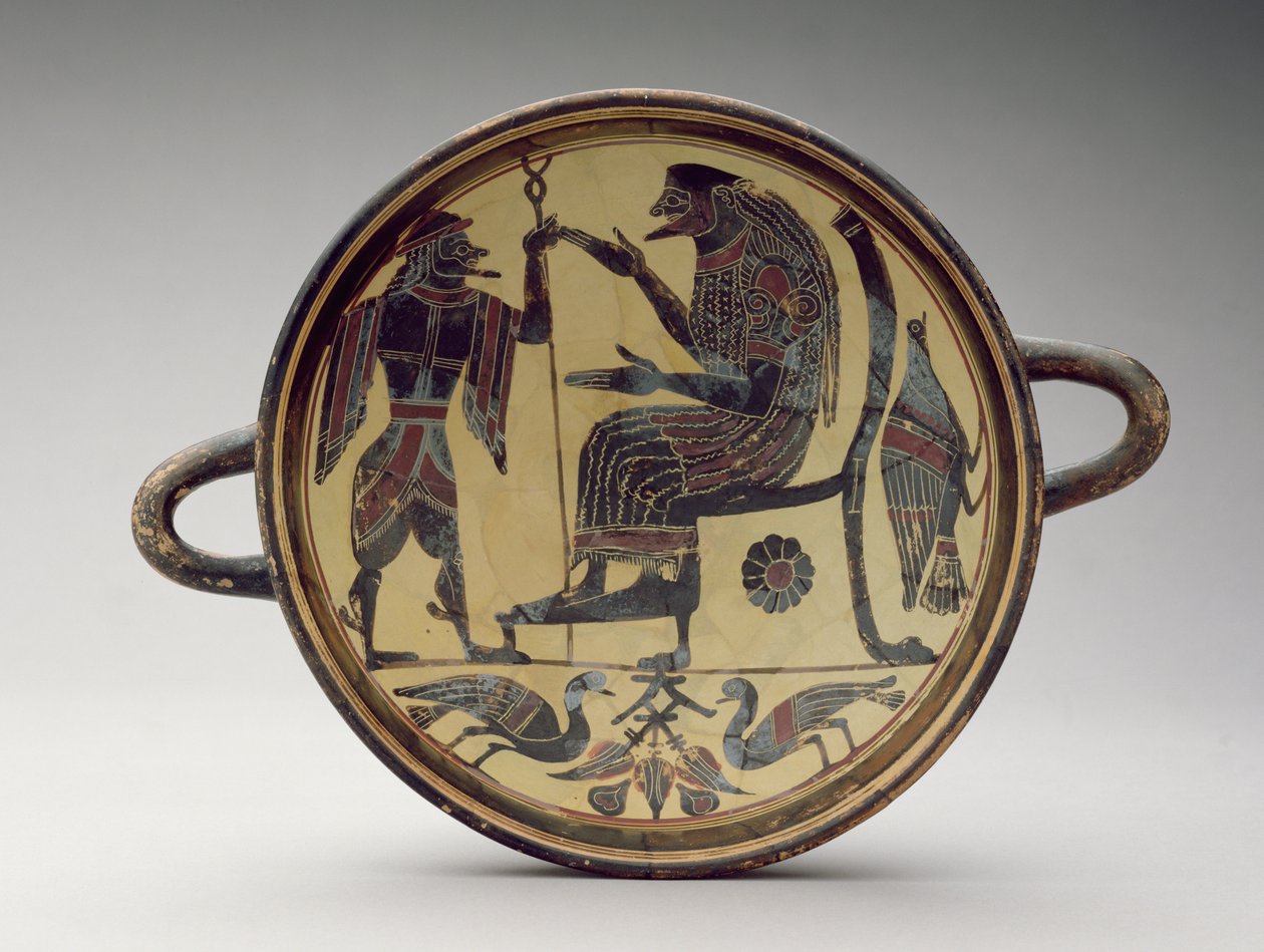 Laconian kylix cup zobrazující Dia a Herma, cca 550-530 př.nl (hlína) (viz také 288296 a 288298) od Greek