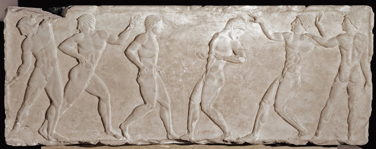 Mramorové reliéfní punčochy pohřebního kourose představující šest sportovců. 510 -500 před naším letopočtem. Z akropole Athény. Národní muzeum archeologie, Athény od Greek