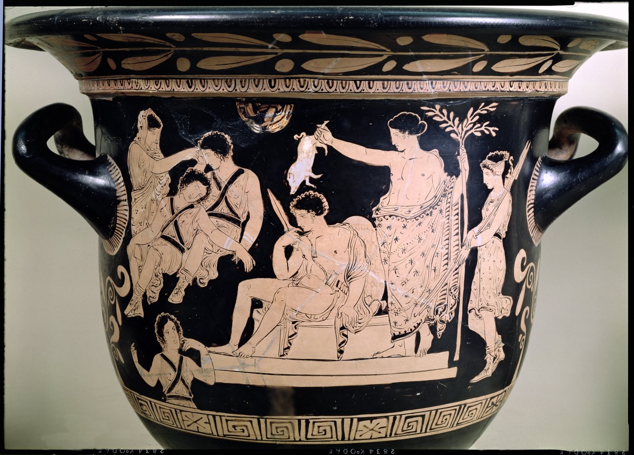 Orestes jako prodavač v Apollónově svatyni v Delfách, detail z attického krateru s červenou postavou, připisovaný detailu keramiky Apulian Eumenides Painter z 92567 od Greek