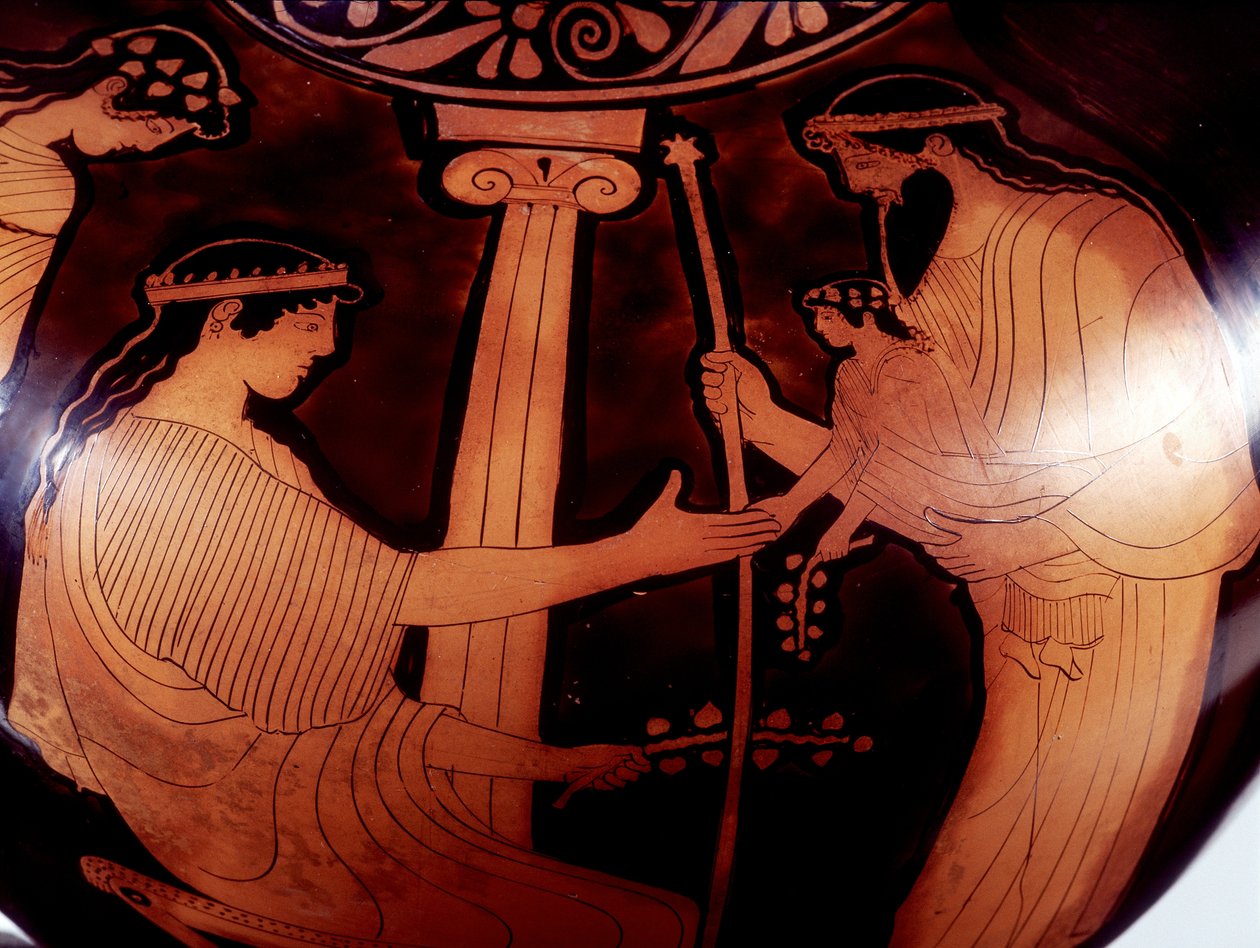 Malba na váze: Jupiter (Zeus) představuje mladého Dionýsa (Bacco) dvěma ženám. 480 před naším letopočtem. BNF, Medailový úřad. od Greek