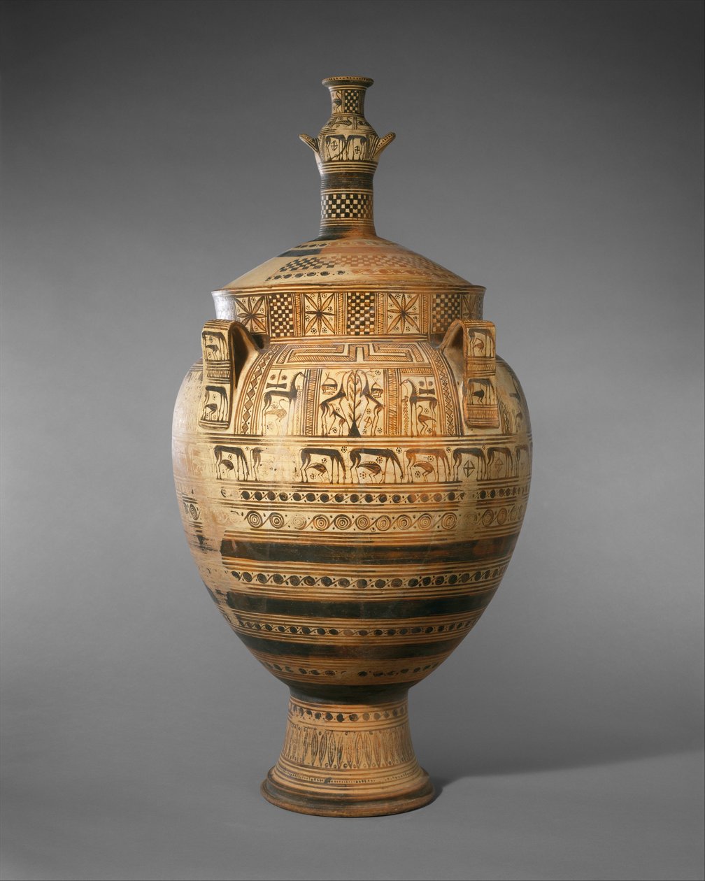 Terakotový kráter s víkem převýšeným malým hydriem, c. 750-740 př.nl (terakota) od Greek