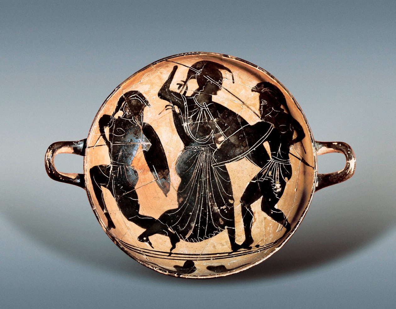 Trojská válka: Bohyně Athéna bojující mezi Hektorem a Achillem. 6. století před naším letopočtem. Kylix (hrnek na pití) má černé postavy v keramice, Archeologické muzeum Katalánska, Barcelona. od Greek