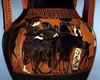 Černofigurová amfora zdobená výjevem Herakla asistující Athéně, detail, 6.-5. století př. n. l. (keramika) od Greek