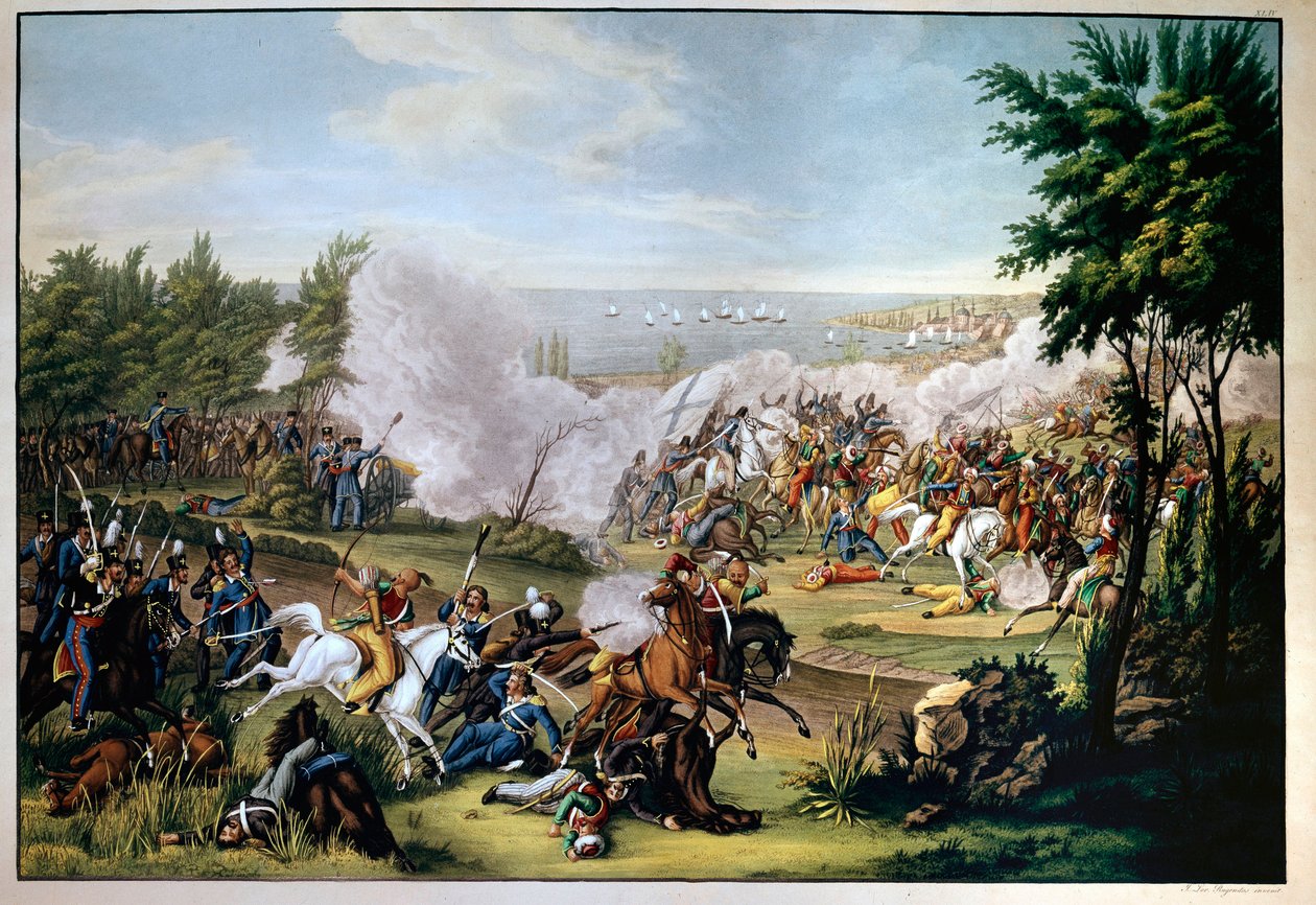 Bitva u Missolonghi, Řecko, v roce 1822, bráněna Botzarisem, který umírá v konfliktu proti Turkům Omara Brionise (vítězství Řeků) (rytina) od Greek School