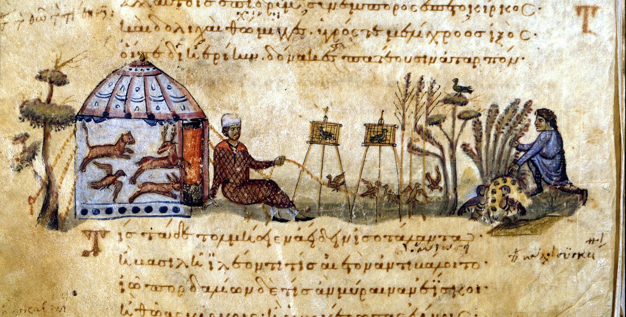 Volání ptáci - v "Lovu" od Oppiana, řecký rukopis ze 13. století. Knihovna Marciana. Benátky od Greek School