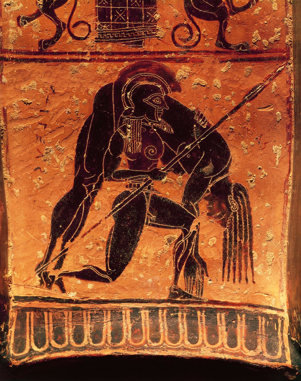 Černofigurová keramika, váza Francois, attický volutový krater signovaný hrnčířem Ergotimosem a malířem Kleitiasem, detail, Ajax Telamon nesoucí Achillovo mrtvé tělo, 570-560 př.n.l. od Greek School