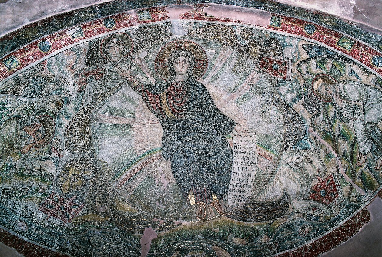 Kristus vstoupil na nebesa obklopen čtyřmi evangelisty, Mozaika v kostele Hosios David nebo Katolikon z kláštera Latomos (Seznam světového dědictví UNESCO od Greek School