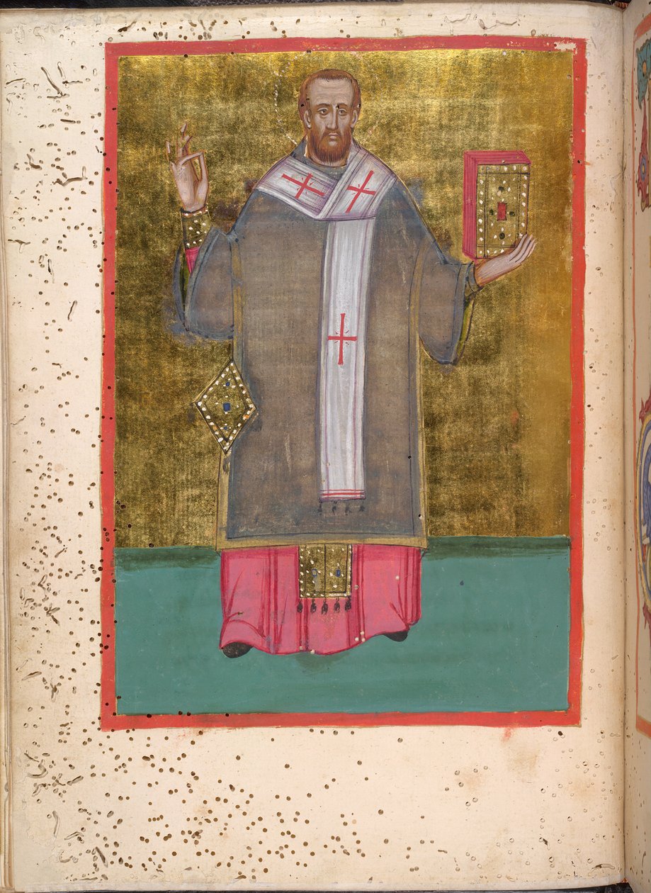 Egerton 2392, f.5v, Miniatura stojícího Jana Zlatoústého držícího knihu z 