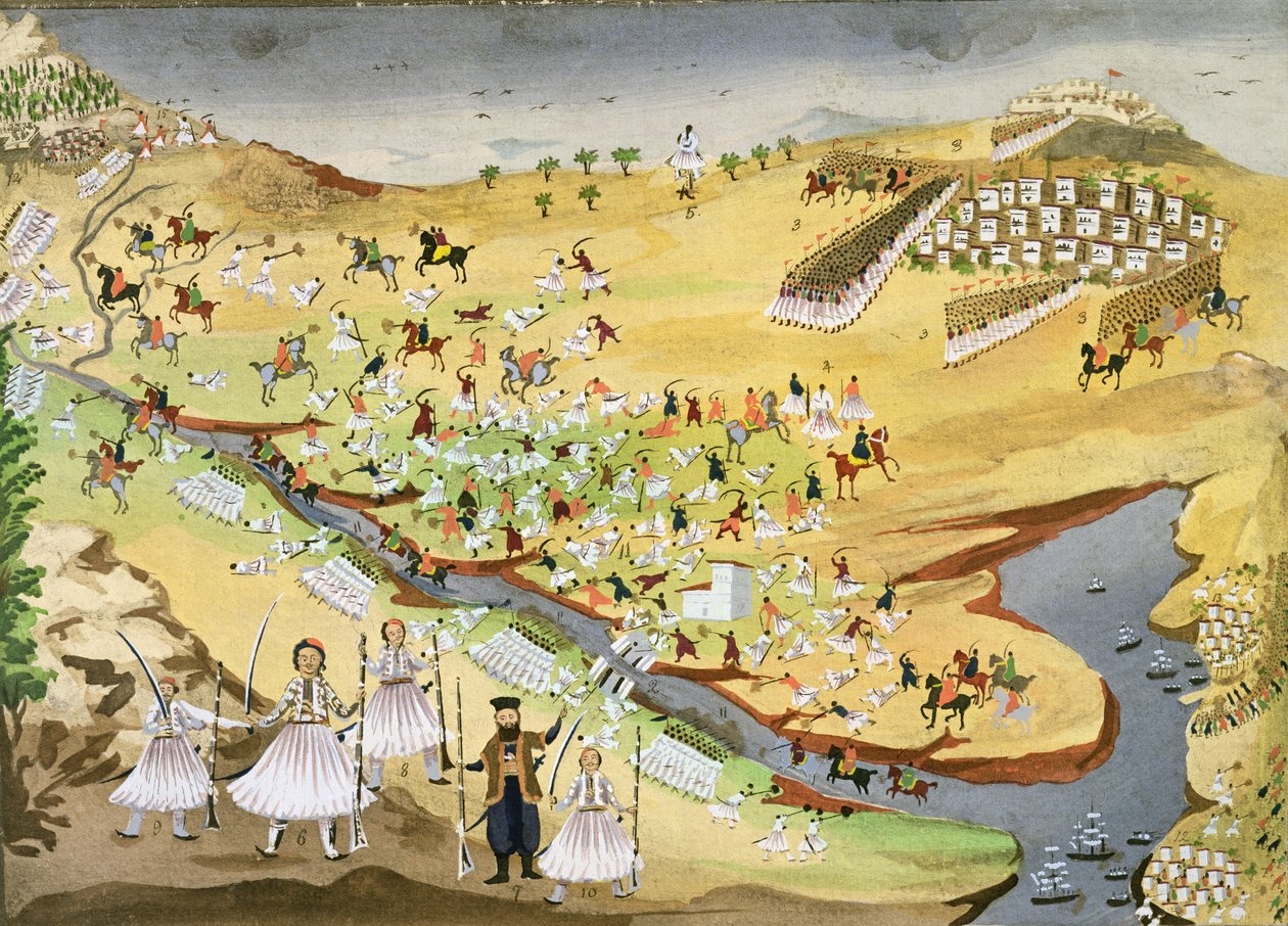 První bitva mezi Řeky a Turky, u mostu Alamana v roce 1821, z obrazové historie řecké války za nezávislost od Greek School