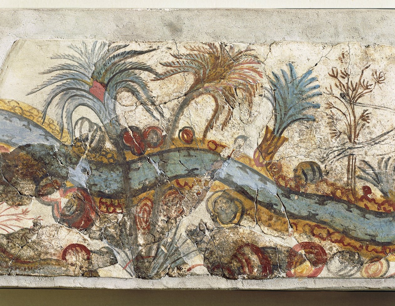 Freska zobrazující říční krajinu, z Akrotiri, ostrov Thera, Santorini, Řecko, detail od Greek School