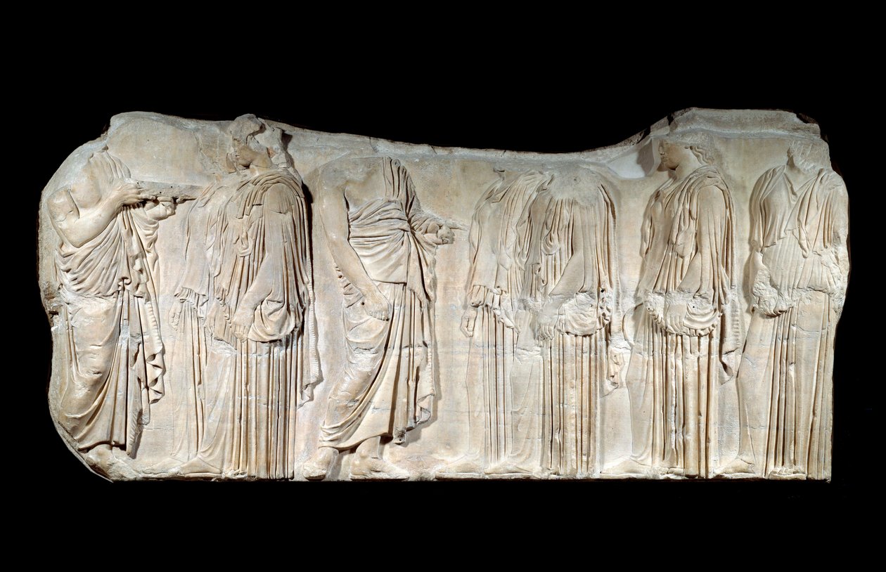 Řecké umění: fragment parthenonského vlysu: procesí na svátek Velkých Panathénů: autorizátoři a ergastini. Klasické období. Paříž, muzeum Louvre od Greek School