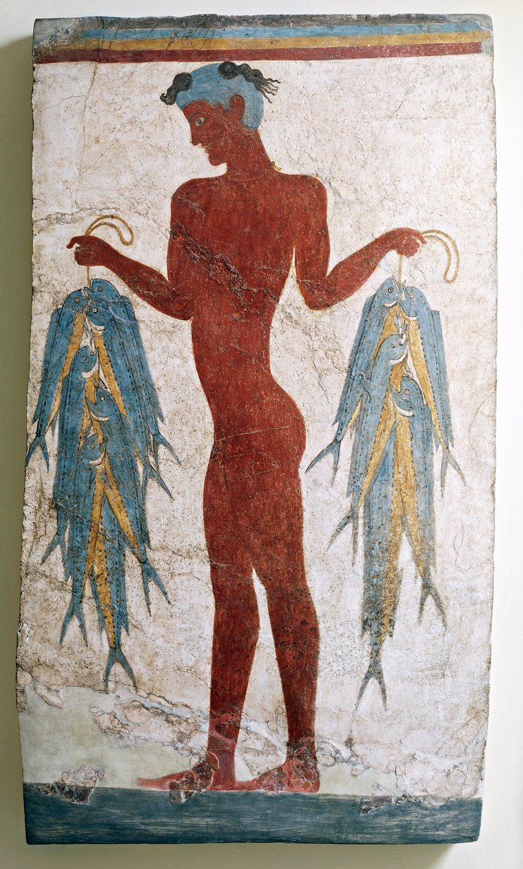 Řecká civilizace, freska zobrazující rybáře, z Akrotiri, Thera, Santorini, Řecko od Greek School