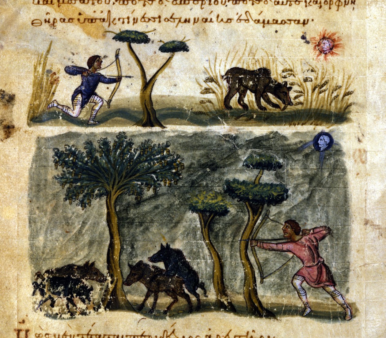Lov divokých prasat podle řeckého rukopisu Oppianus De Venatione ze 13. století. od Greek School