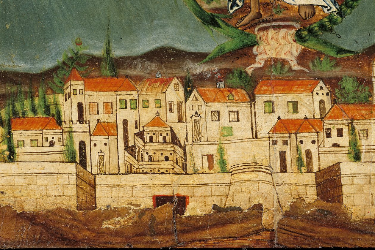 Pelmet s vyobrazením Znovuzrození Řecka, detail Konstantinopole, ze Syrosu na Kykladách (vaječná tempera na dřevě) od Greek School