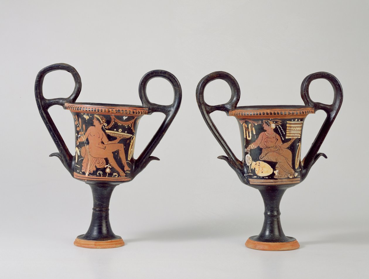 Červenofigurový kantharos zobrazující mládí a kantharos zobrazující ženu, cca 310 př. n. l. (keramika) od Greek School