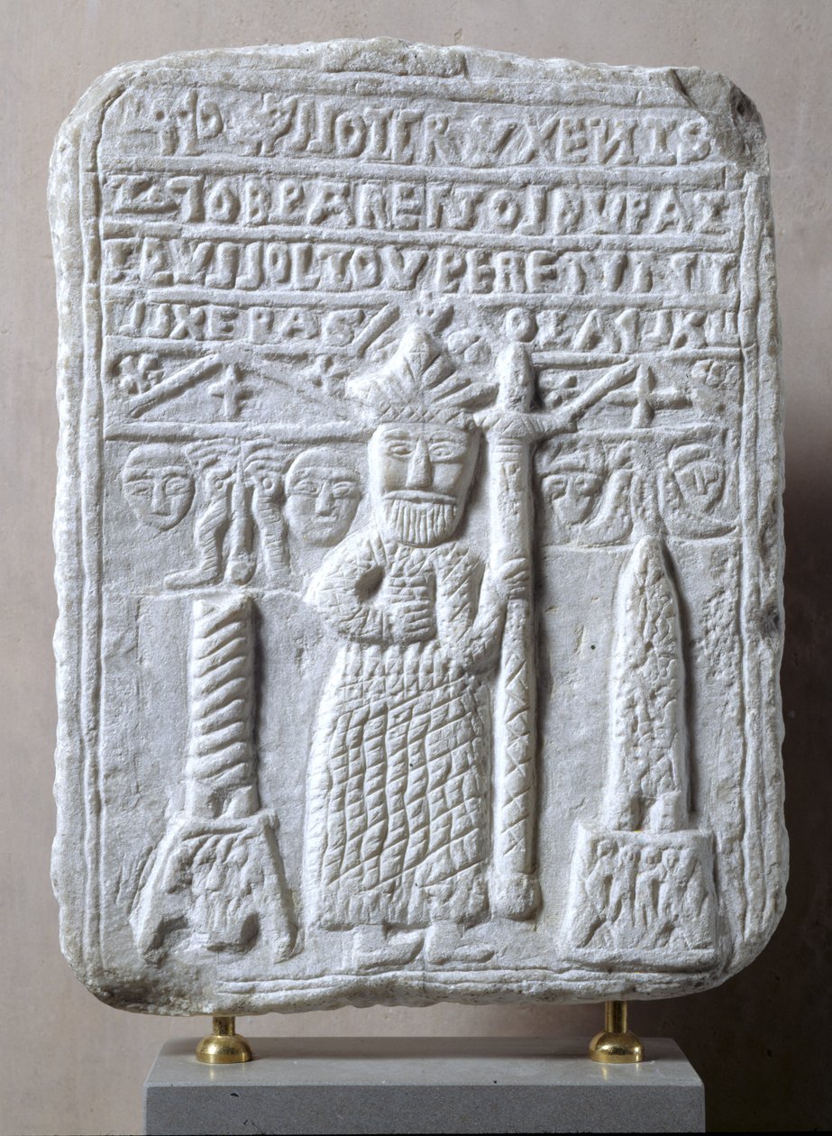 Reliéf zobrazující Konstantina Velikého s „magickým“ nápisem, možná ze Sifnos, Kyklady (mramor) od Greek School