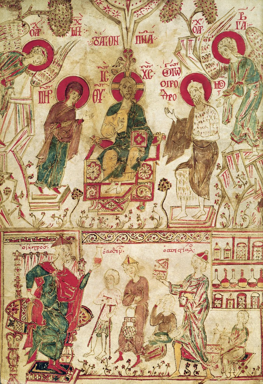 Byzantský doktor Myrepsos přijímající pacienty, z řeckého rukopisu, 13. století od Greek School