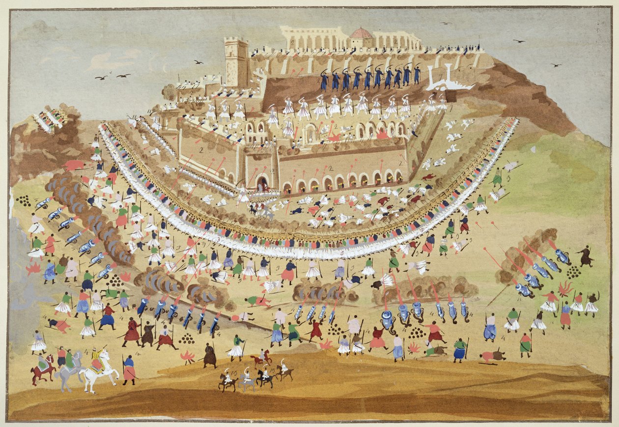 Obléhání Atén v roce 1827, z obrazové historie řecké války za nezávislost od Greek School