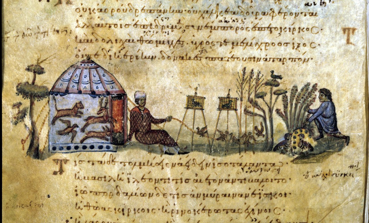 Lov ptáků na zavolání. Řecký rukopis Oppianus De Venatione od Greek School